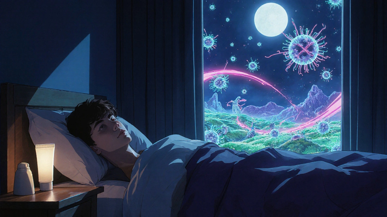 Person sleeping as glowing immune cells battle viruses beneath their skin in a surreal anime battlefield.