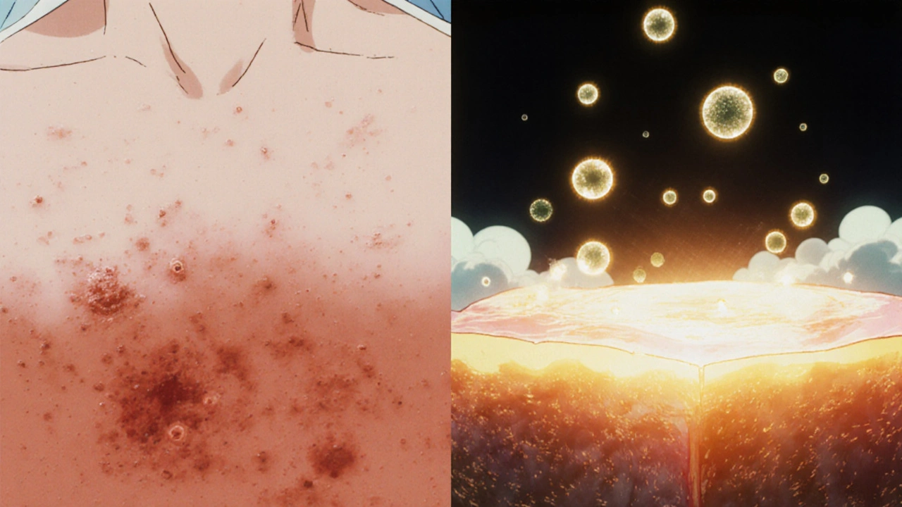 Side-by-side skin transformation: inflamed skin turning into smooth, healed skin with glowing particles.