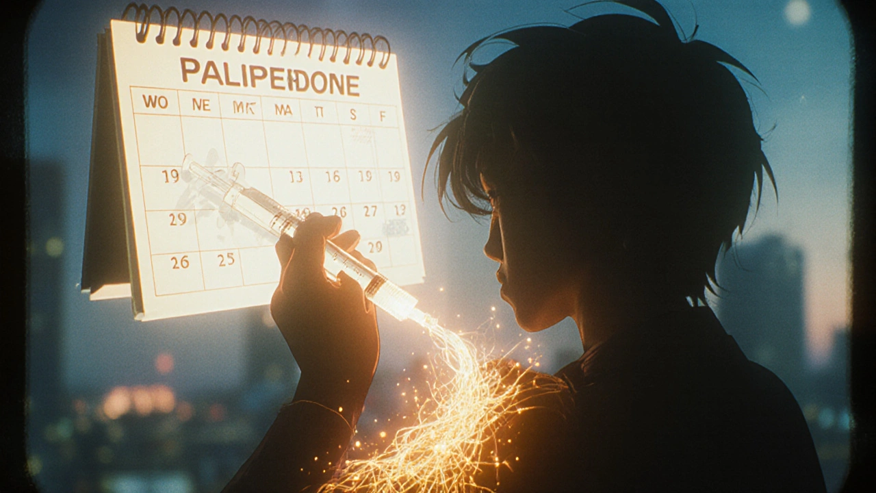 A patient receiving a long-acting injection with golden energy spiraling into their arm, symbolizing steady treatment.