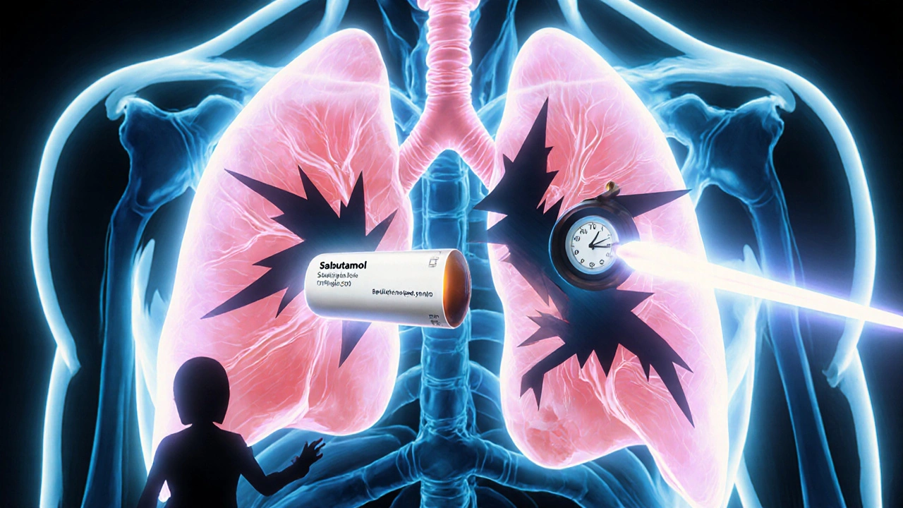 A salbutamol knight battles constricted airways in a glowing lung battlefield.