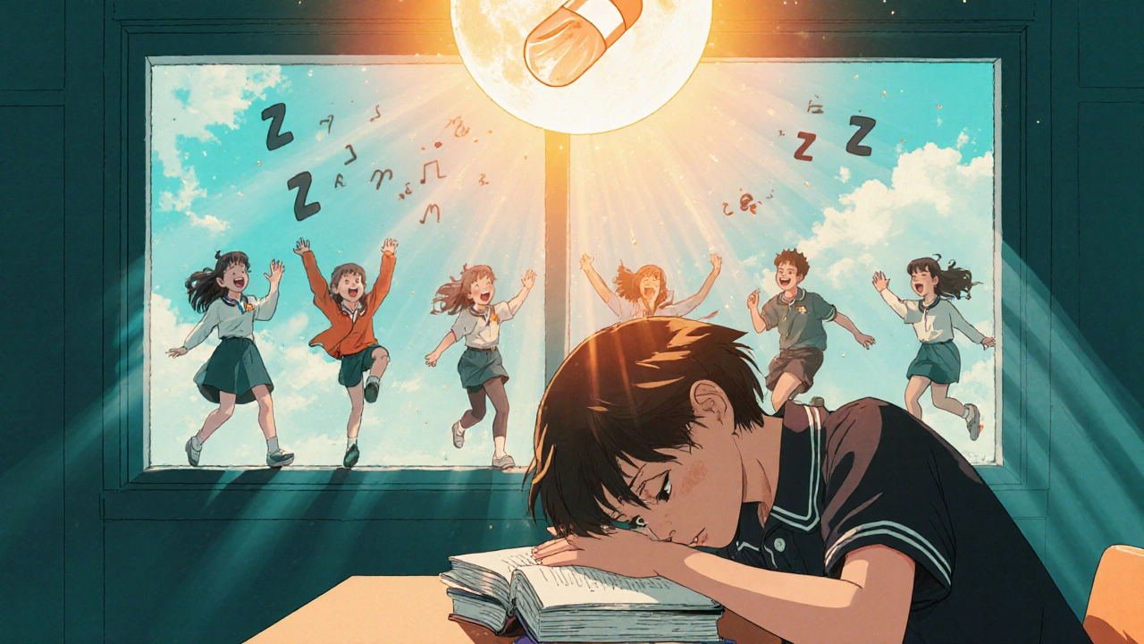 A student drowsy in class, with a glowing sleepy pill above them while classmates are active outside.