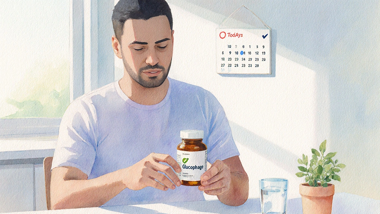 Adult opening a generic Glucophage bottle at a kitchen table with morning light.