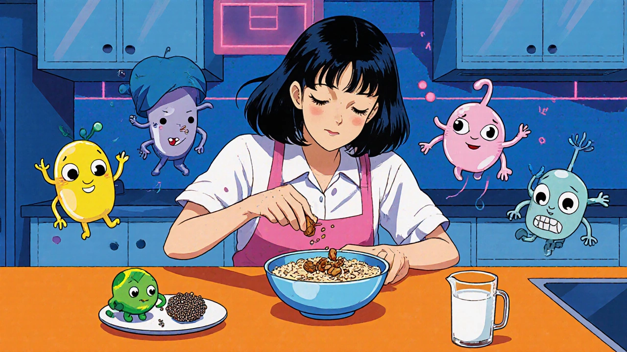 Anime character adding Brazil nuts, chia seeds, and kefir to oatmeal with floating probiotic mascots.