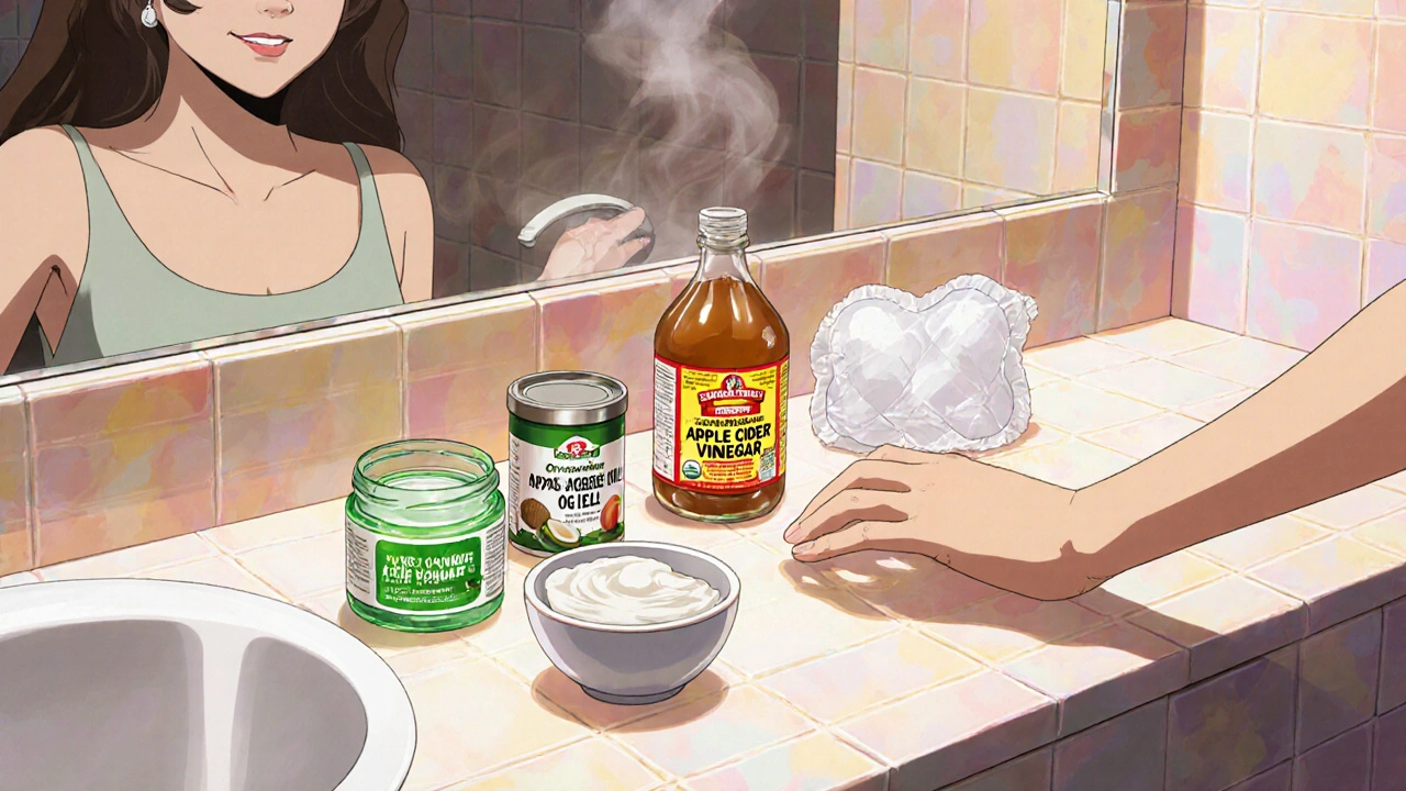 Bathroom counter displaying aloe gel, coconut oil, yogurt, vinegar, and ice pack.