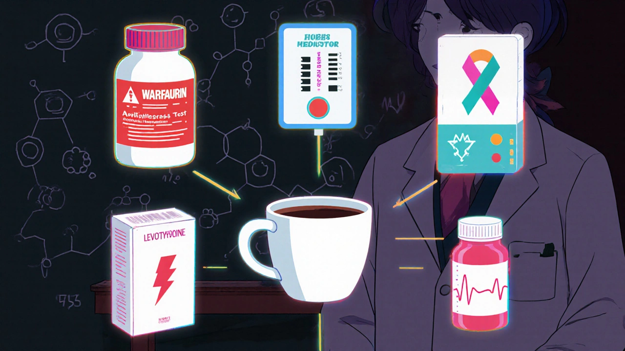 Collage of medication bottles and a coffee cup with glowing chemical symbols.