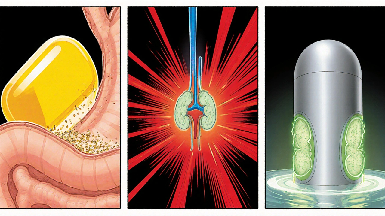 Comic panels trace tablet dissolving, entering blood, reaching kidney, and excretion.
