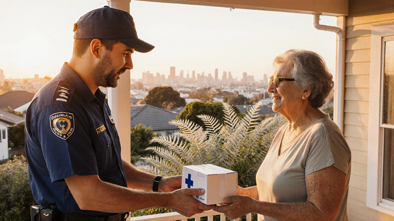 Courier delivers sealed medicine box to relieved customer on a NZ porch.