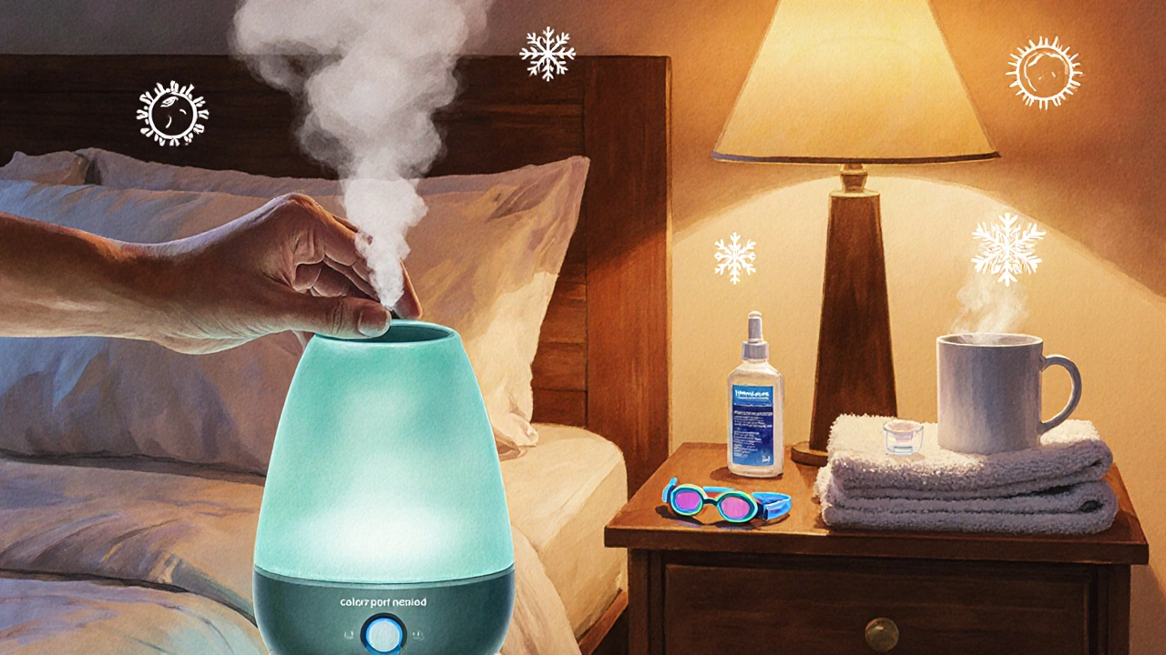Cozy indoor scene with humidifier, eye drops, sanitizer, goggles, and seasonal light.