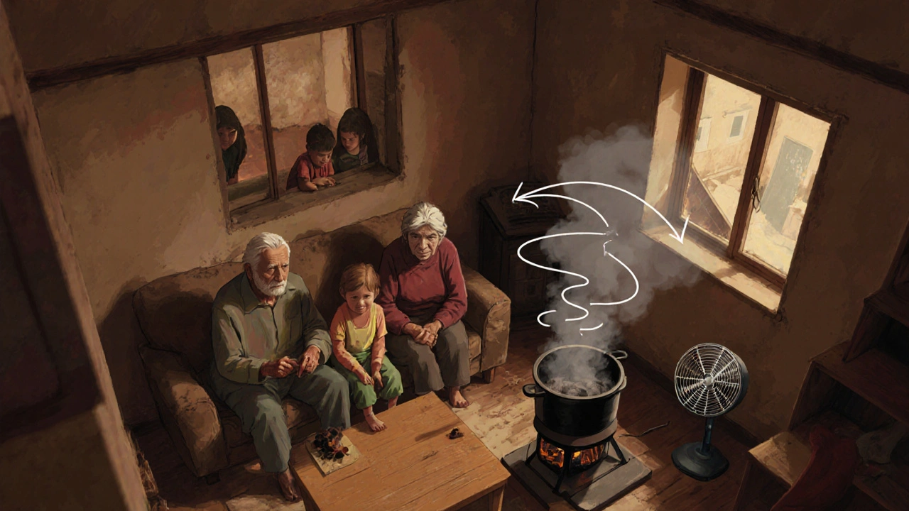 Crowded apartment with family, open fire stove smoke, and a fan creating airflow.