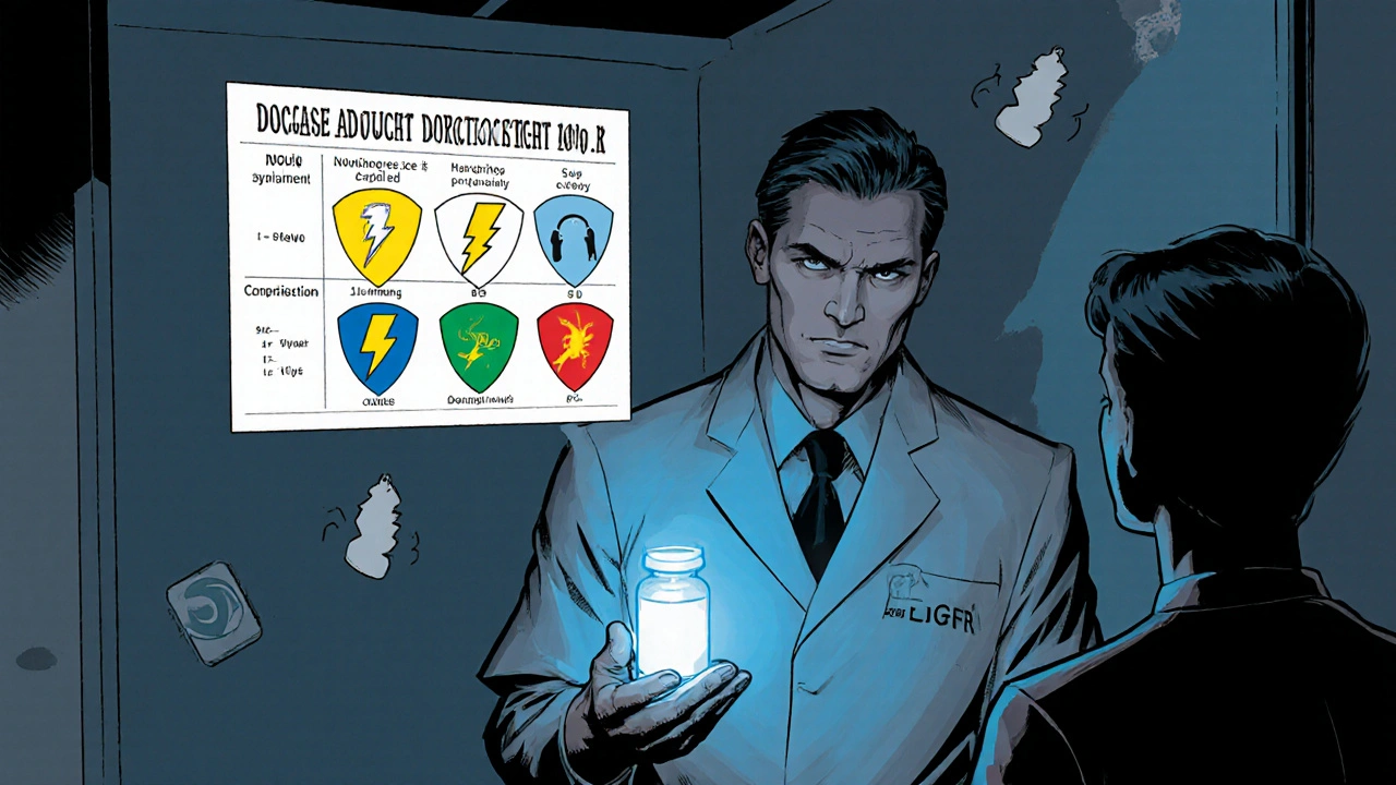 Doctor hero presents dosage guide and side‑effect icons to patient.