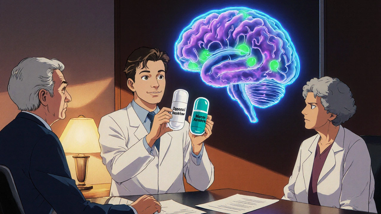 Doctor showing Donepezil and Memantine capsules beside a holographic brain to patient and caregiver.