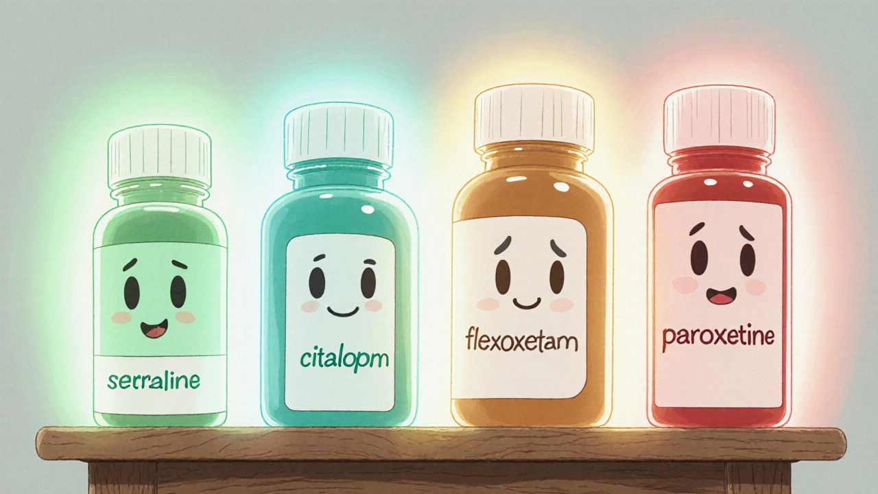 Four pill bottle characters representing sertraline, citalopram, fluoxetine, and paroxetine, shown with friendly and cautionary expressions.