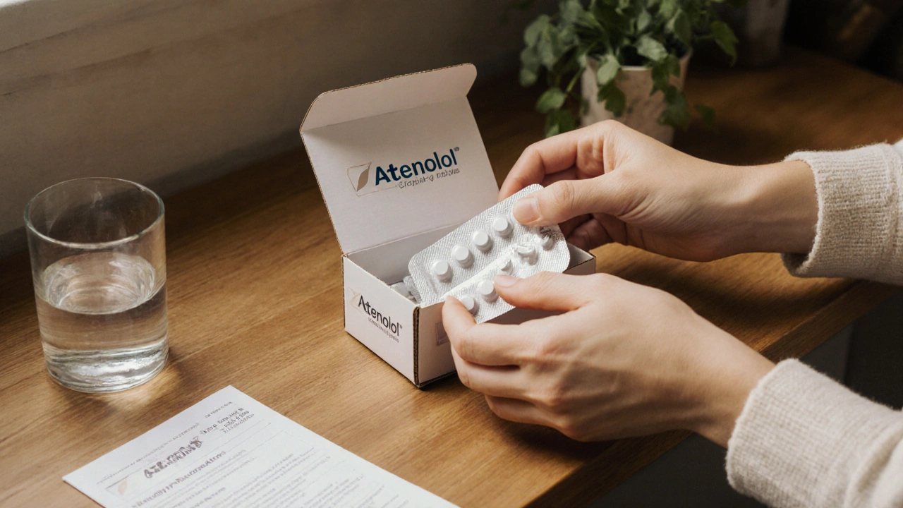 Hands opening a sealed box revealing Atenolol tablets on a kitchen counter.