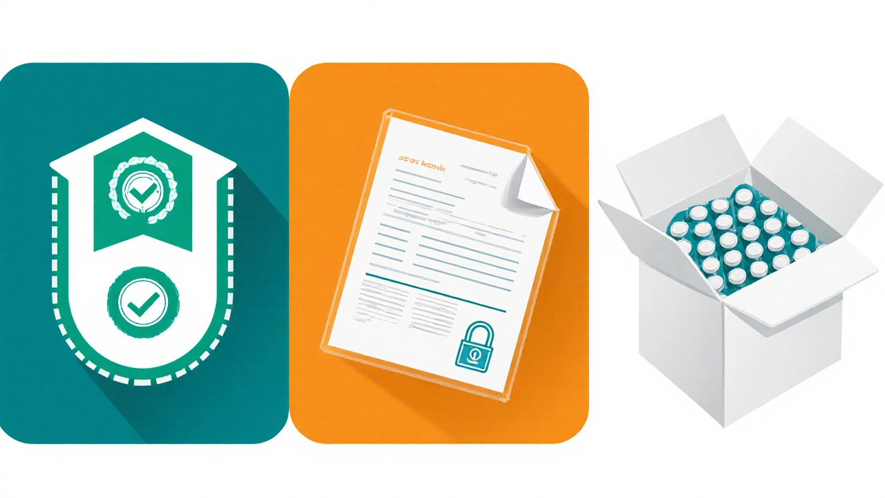 Illustration showing verification badge, locked prescription, and medication box.