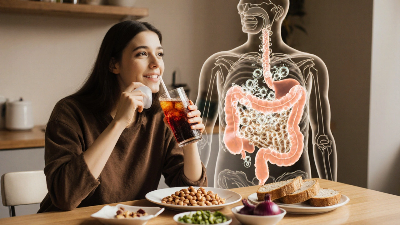 Kitchen scene with soda, gum, and beans causing gas bubbles in a stomach silhouette.