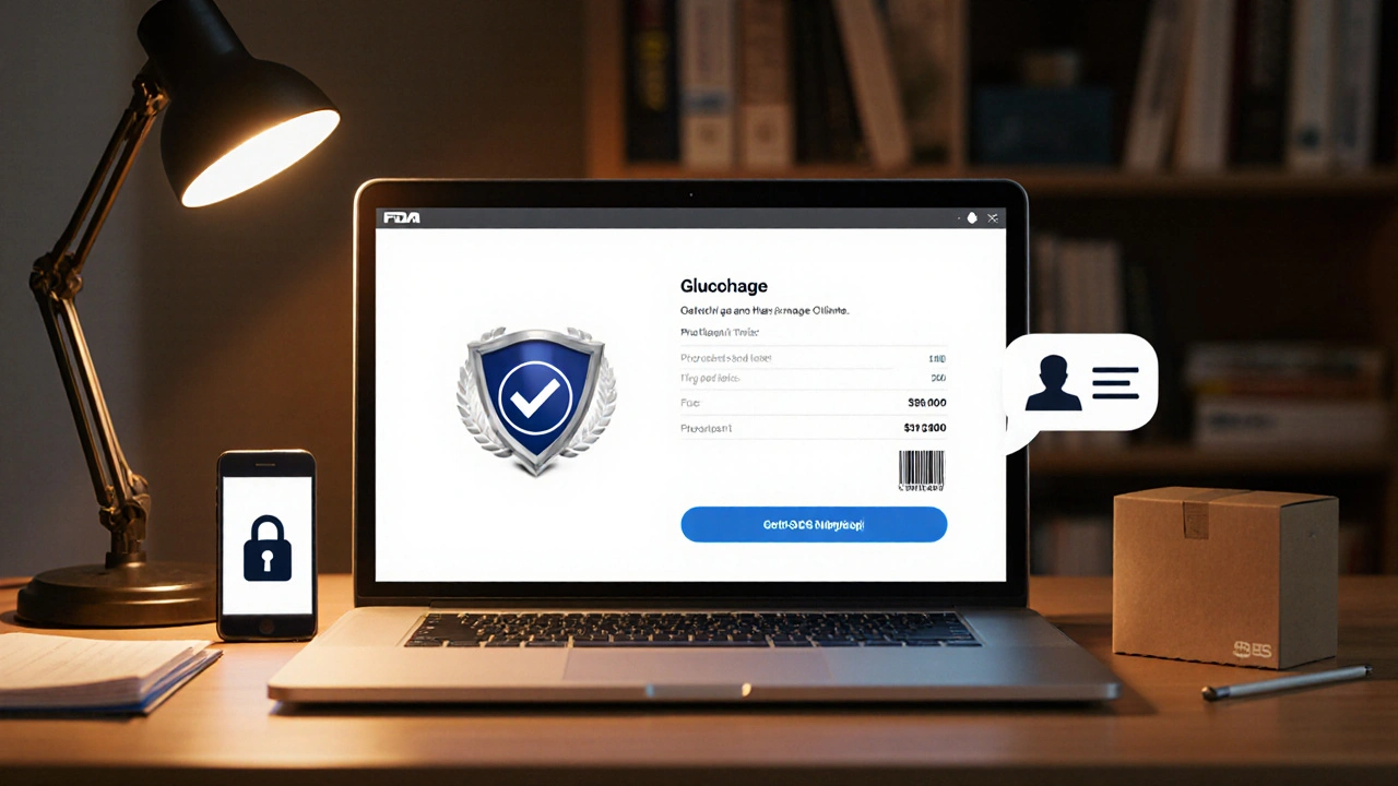 Laptop screen showing FDA seal and pharmacist chat icon with secure checkout symbols.