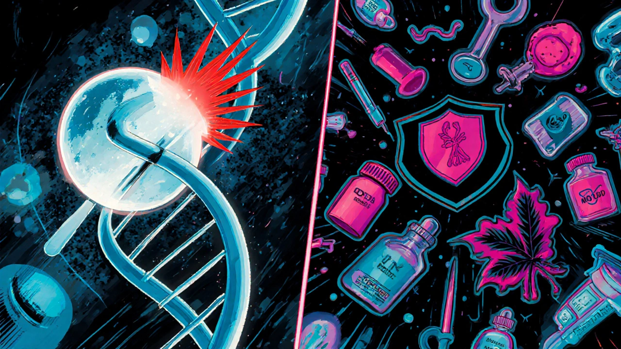 Methotrexate blocking DNA contrasted with icons of alternative drugs in a lab.