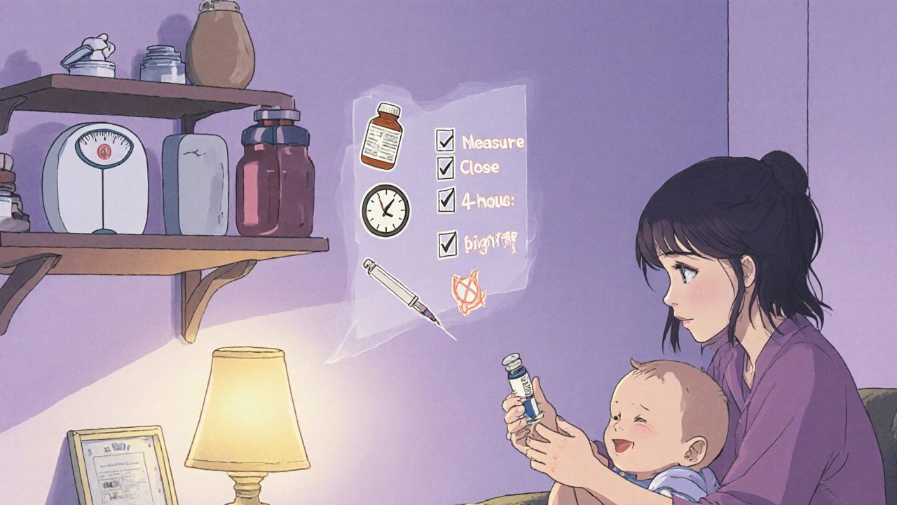 Mother safely storing the medicine and giving a measured dose to a smiling baby.