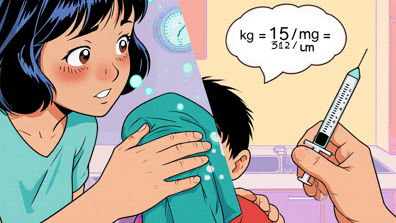 Mother treating a feverish toddler while visualizing a dosage calculation in a thought bubble.