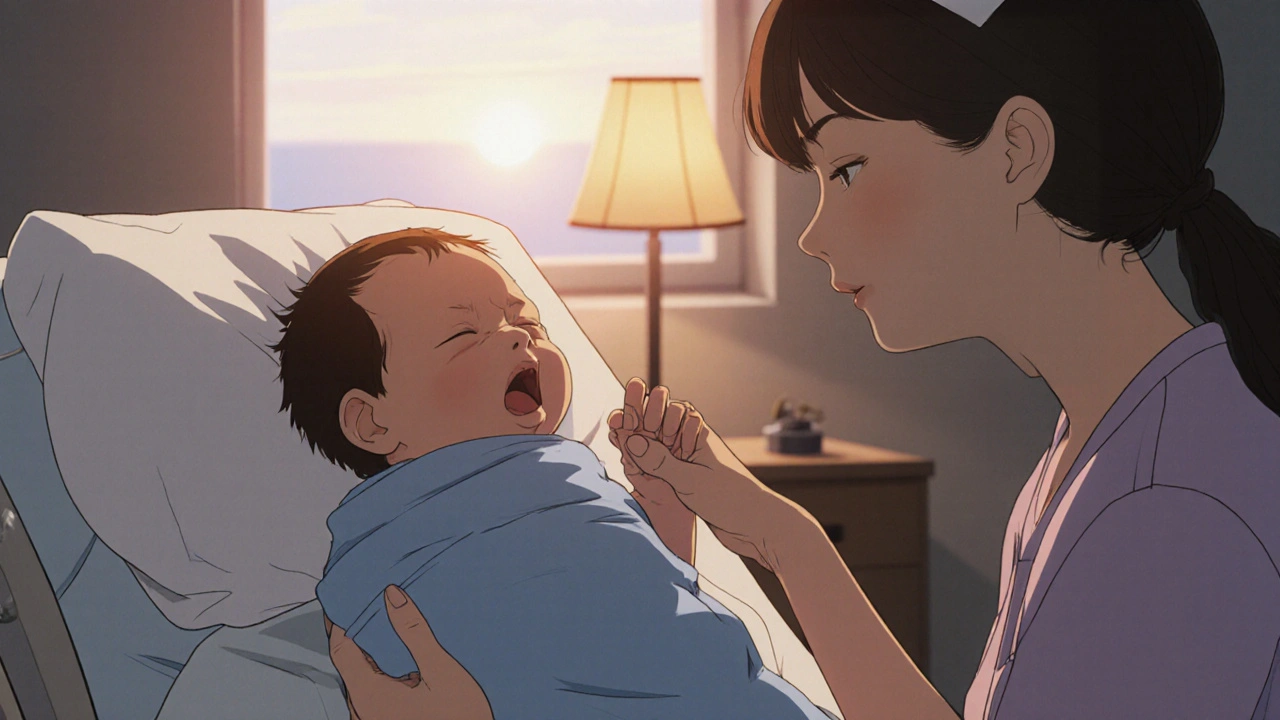 Newborn with slight tremor held by a nurse in a soft-lit neonatal unit, in 80s anime style.