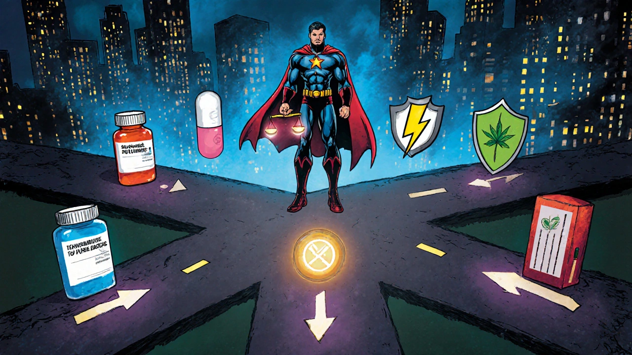 Patient at a crossroads choosing between different medication symbols.