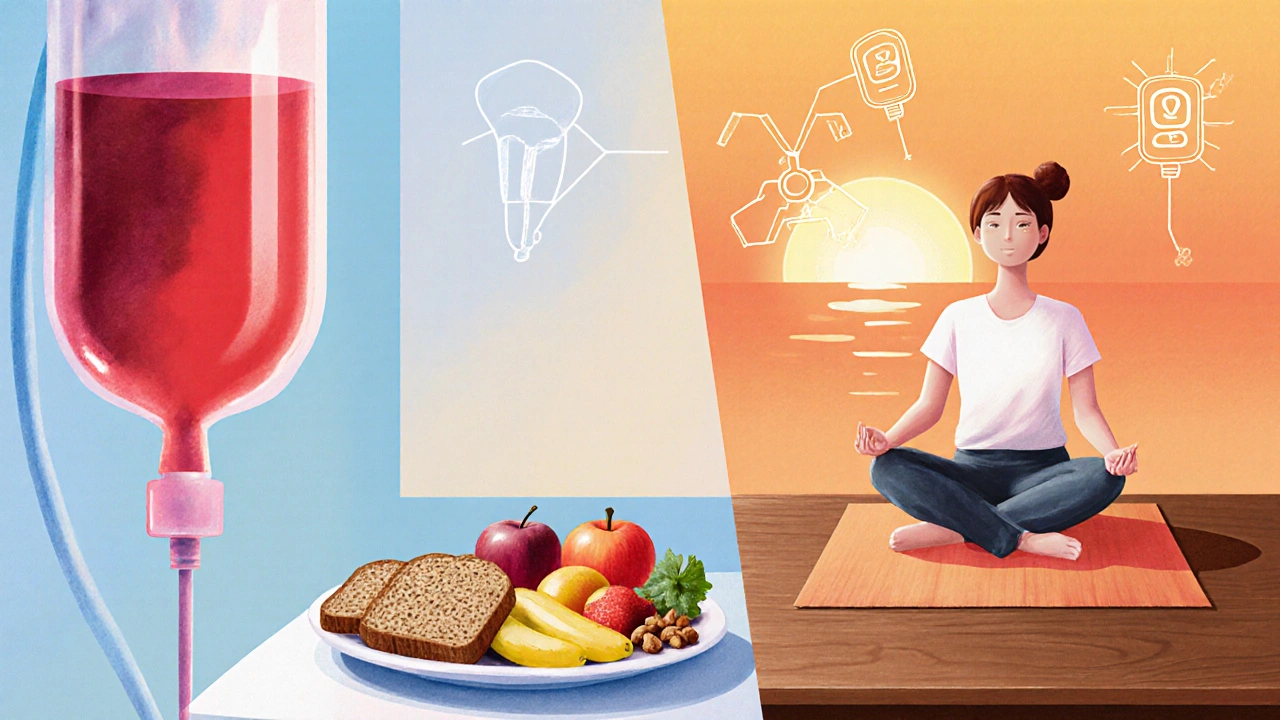 Patient receiving hemin IV, doing yoga, and a balanced meal illustrate porphyria management.