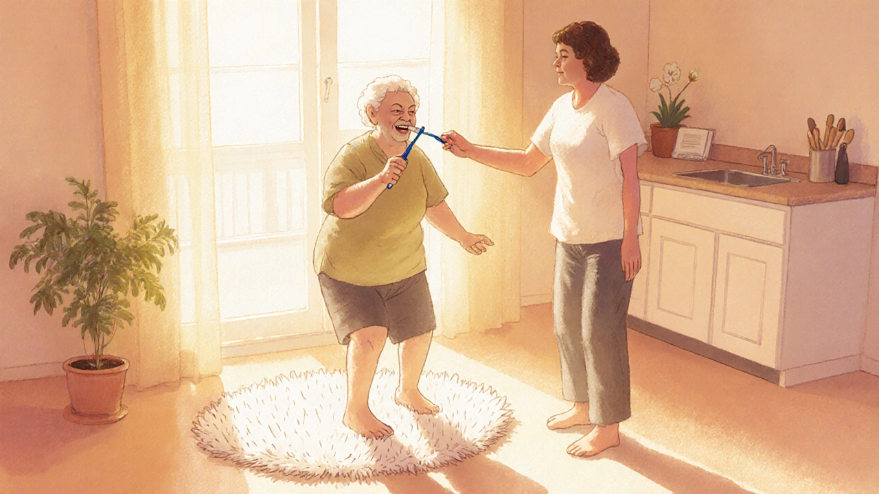 Person doing a one‑foot balance drill while brushing teeth, assisted by a therapist.