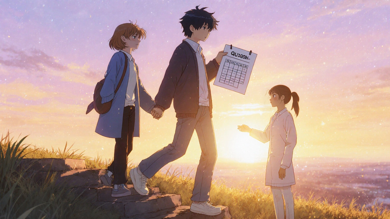 Person stepping into sunrise holding quit‑date calendar, supported by friends.