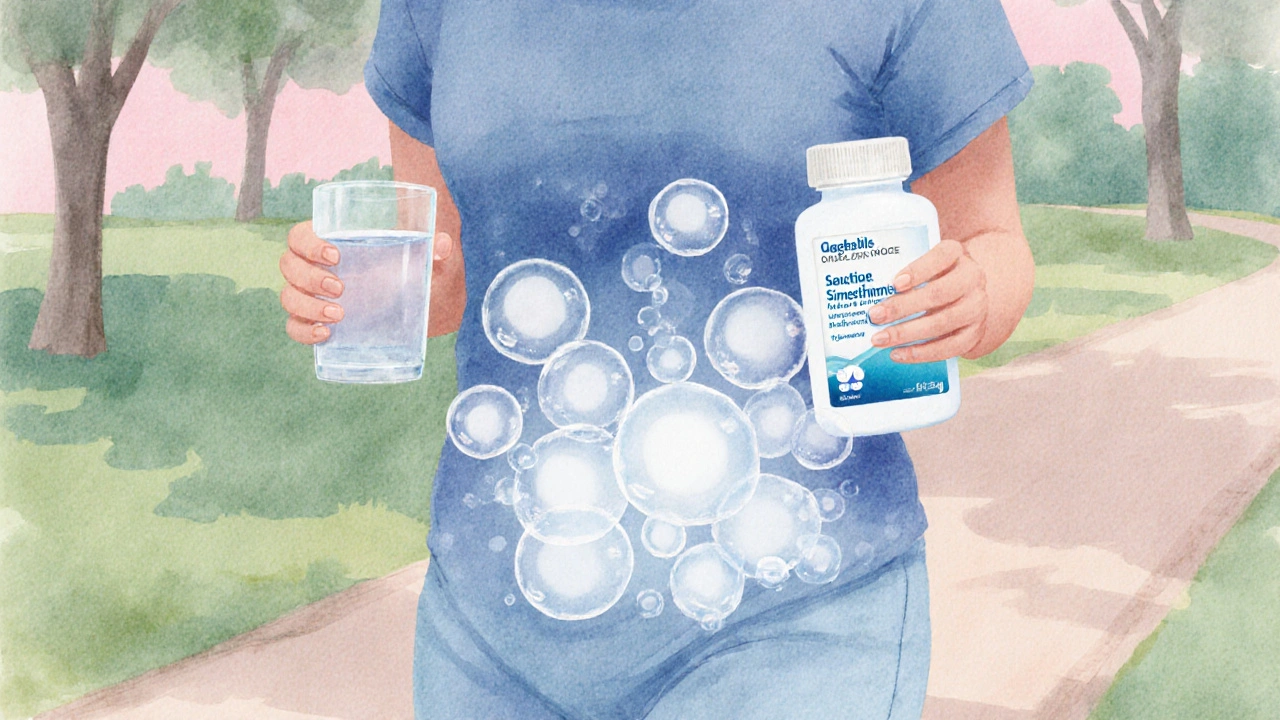 Person walking after a meal, with dissolving simethicone tablets merging gas bubbles.