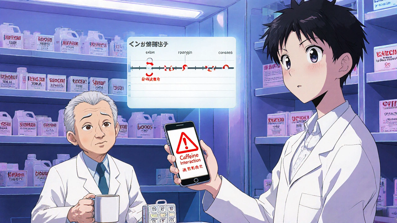 Pharmacist showing a smartphone caffeine warning to a patient holding coffee.
