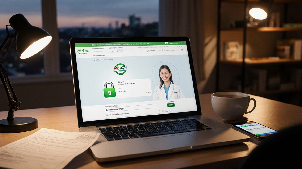 Photorealistic view of a laptop showing a secure pharmacy site with padlock and pharmacist chat.