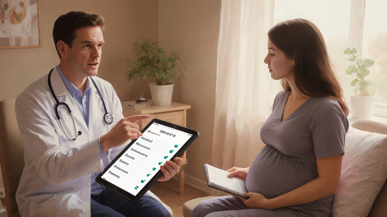 Pregnant patient discussing dyspepsia treatment with a doctor in a calm exam room.