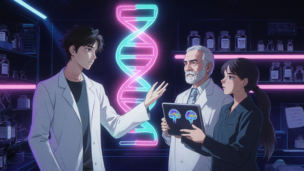 Researcher examining a holographic DNA helix while patient and caregiver watch in a neon‑lit lab.
