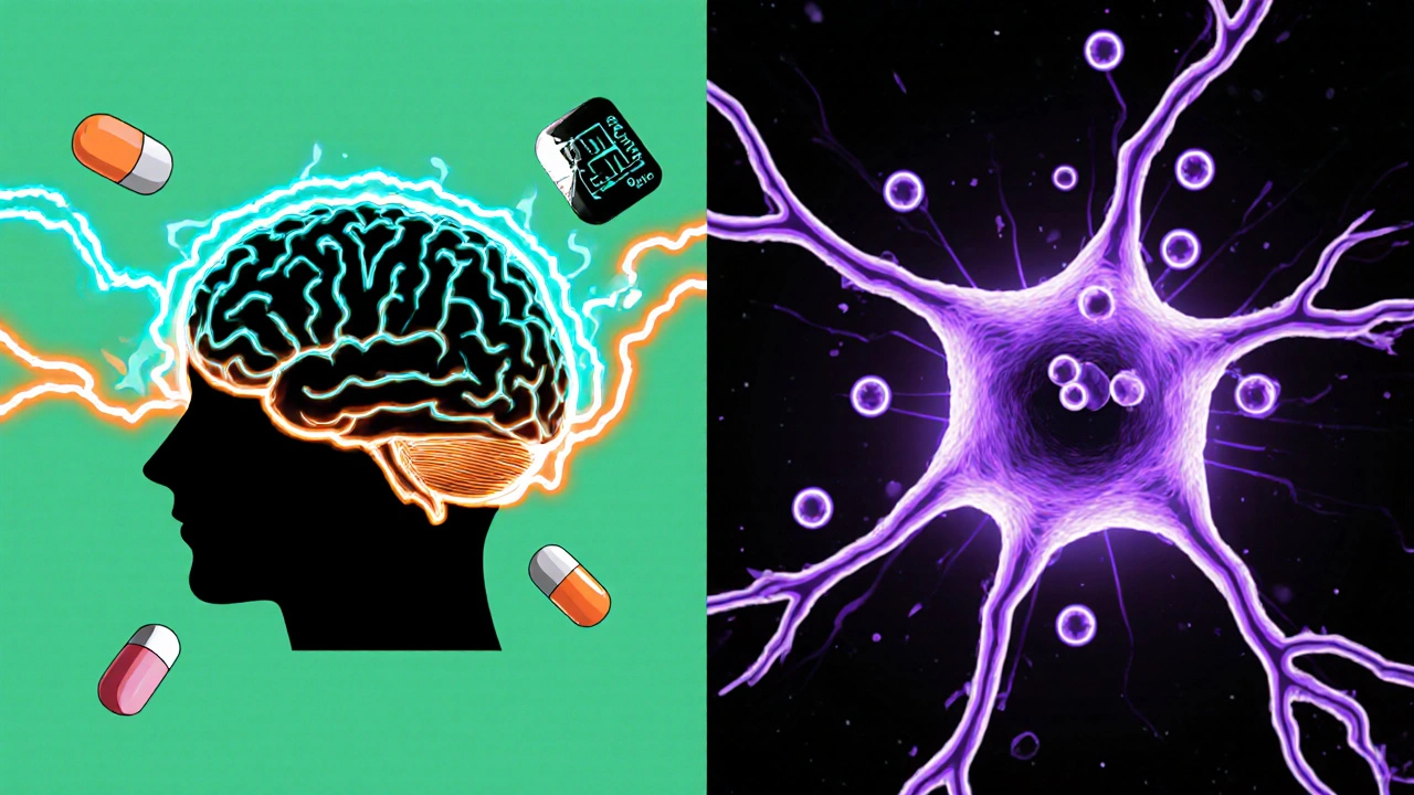 Split view of brain with dopamine boost and nicotinic receptor with varenicline.