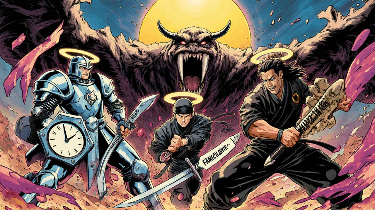 Three antiviral warriors battling a cold sore monster under a rising sun in 80s anime style.