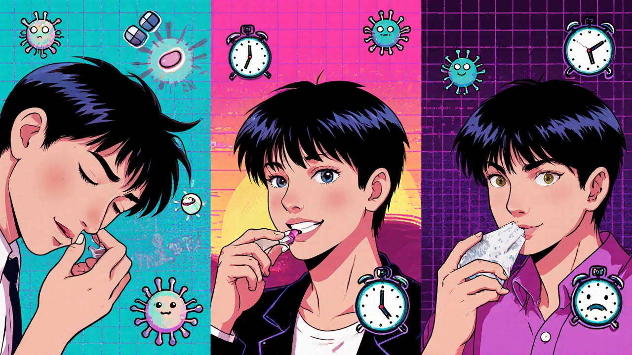 Three characters comparing antiviral treatments: one taking many pills, one taking two, one applying cream.