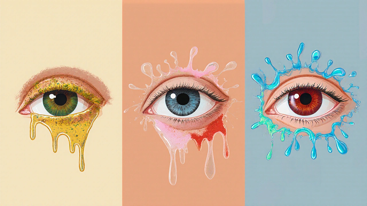 Three eyes showing different infections: thick yellow‑green discharge, watery discharge, and red cornea ulcer risk.