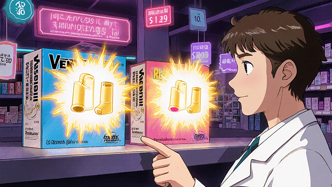 Three inhalers on a neon-lit pharmacy shelf with glowing energy auras and price tags.