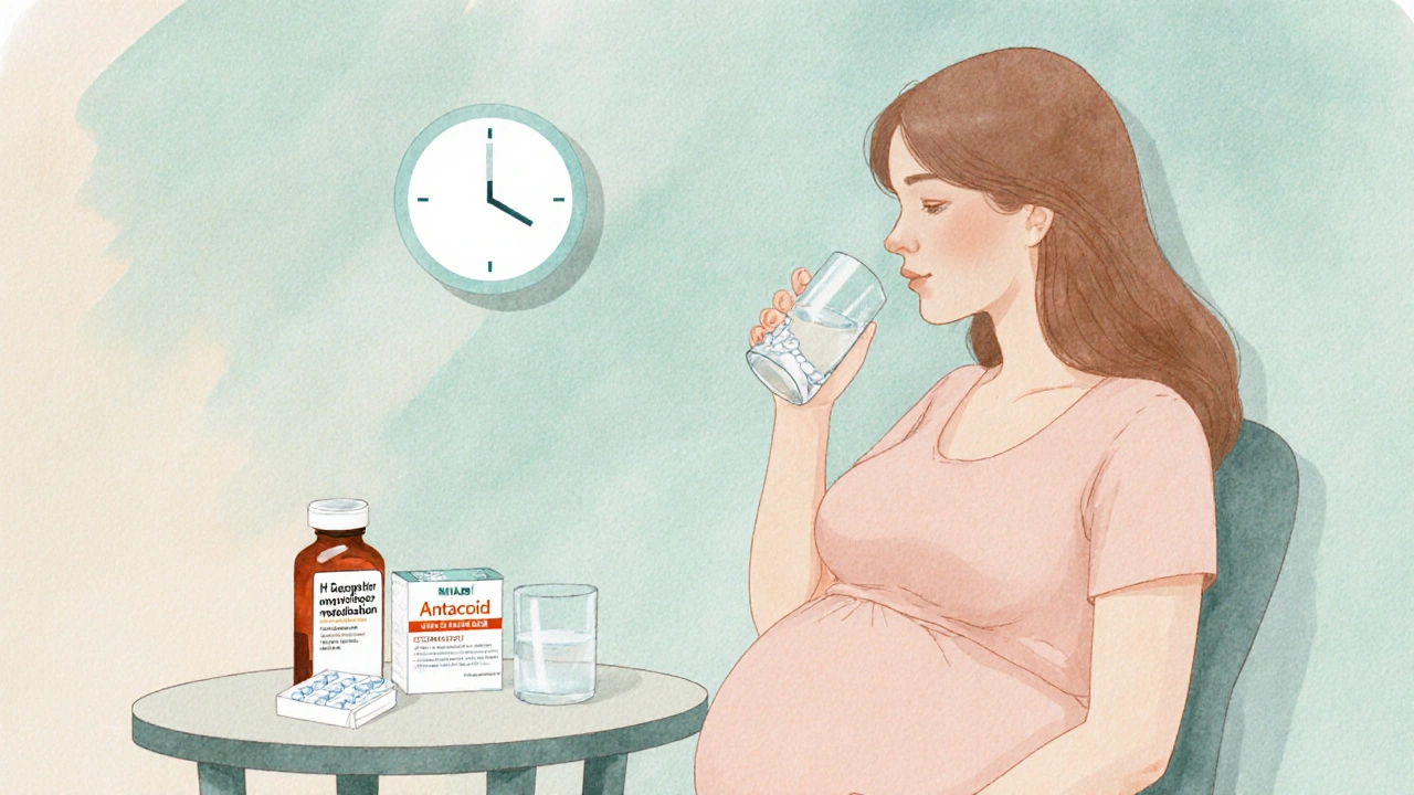 Upright pregnant woman sipping water with antacid and H2 blocker bottles nearby.