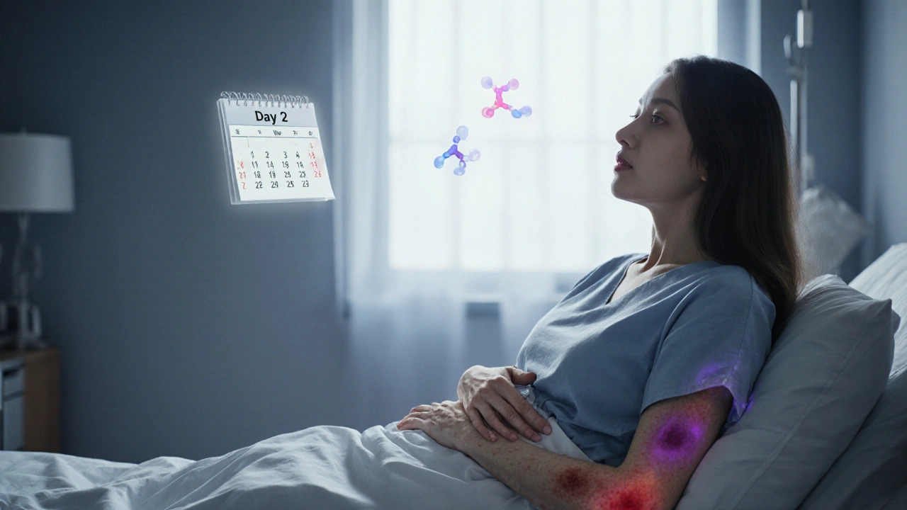 Woman clutching abdomen with subtle skin lesions, hinting at menstrual‑related porphyria flare.