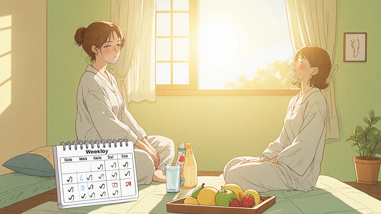 Woman sipping water with probiotic bottle, calendar checkmarks, and sunrise background.