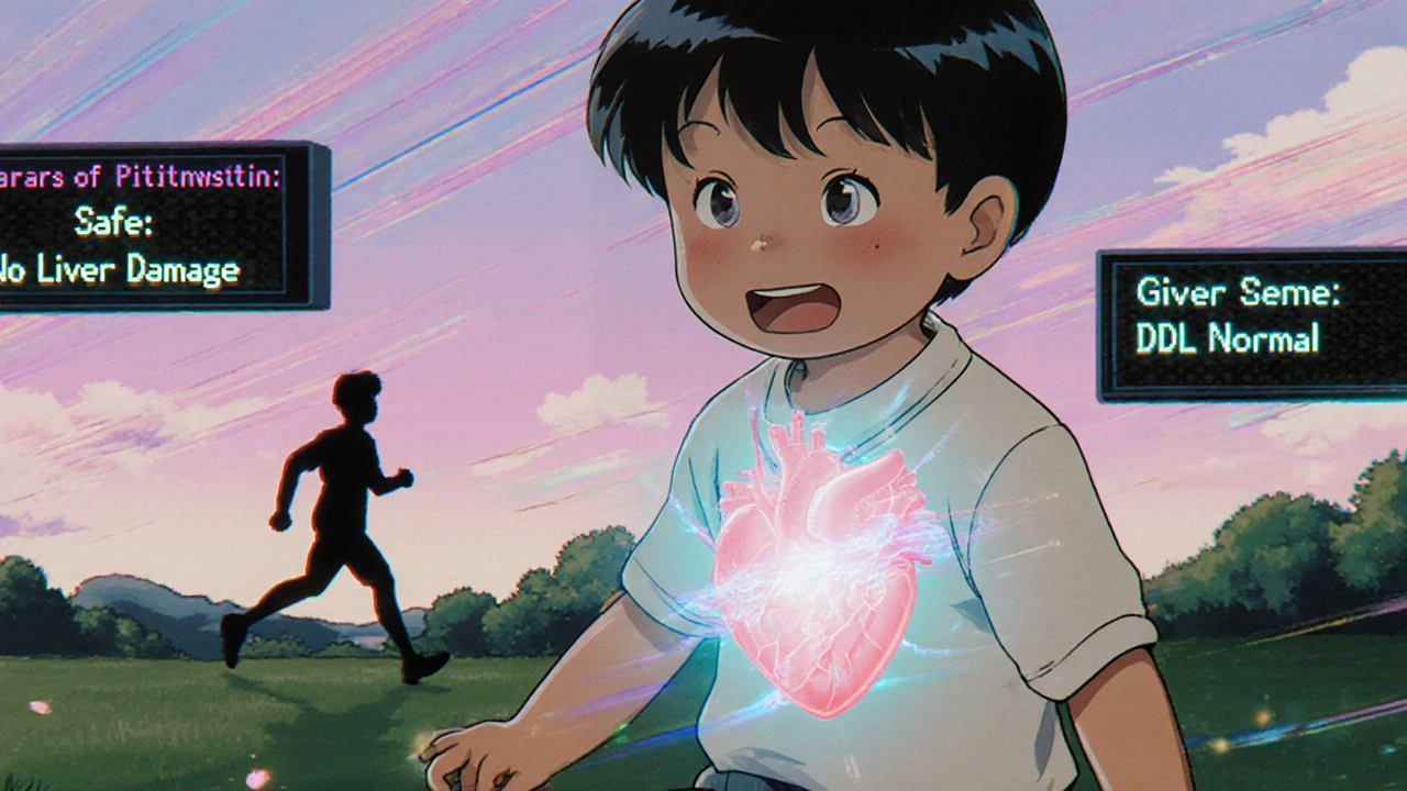 A child playing in a park with a glowing heart and digital readouts showing safe long-term pitavastatin use.
