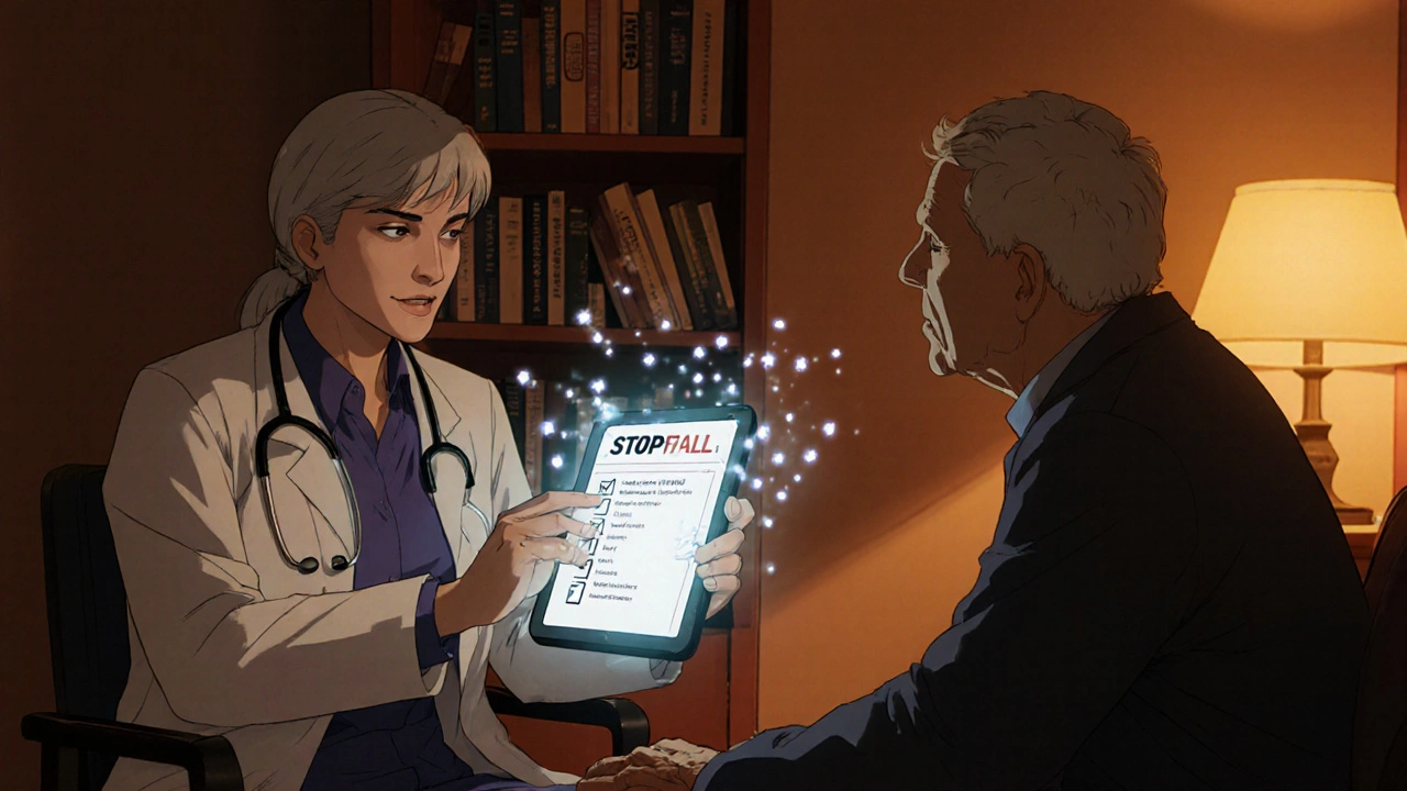 A doctor and older patient discussing safe pain management, with a glowing checklist and dissolving opioid symbols in a warm clinic setting.