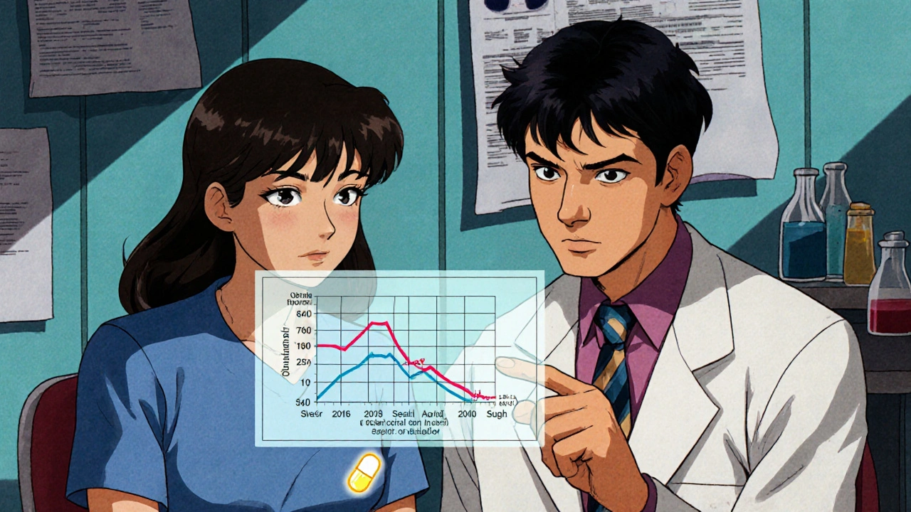 A doctor and patient view a fading uric acid graph, with a colchicine pill glowing like a charm.