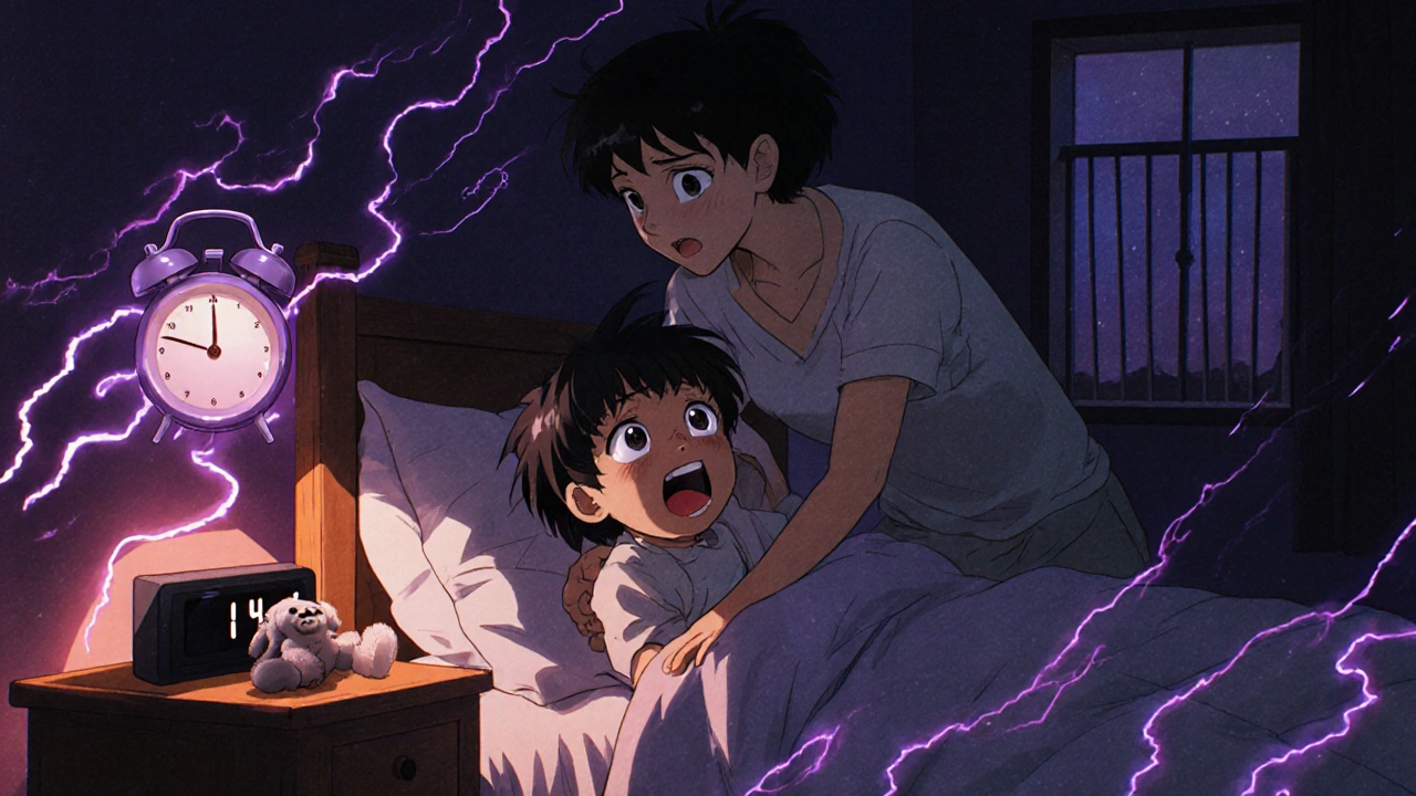 A parent calmly guiding a screaming child back to bed during a night terror at night.