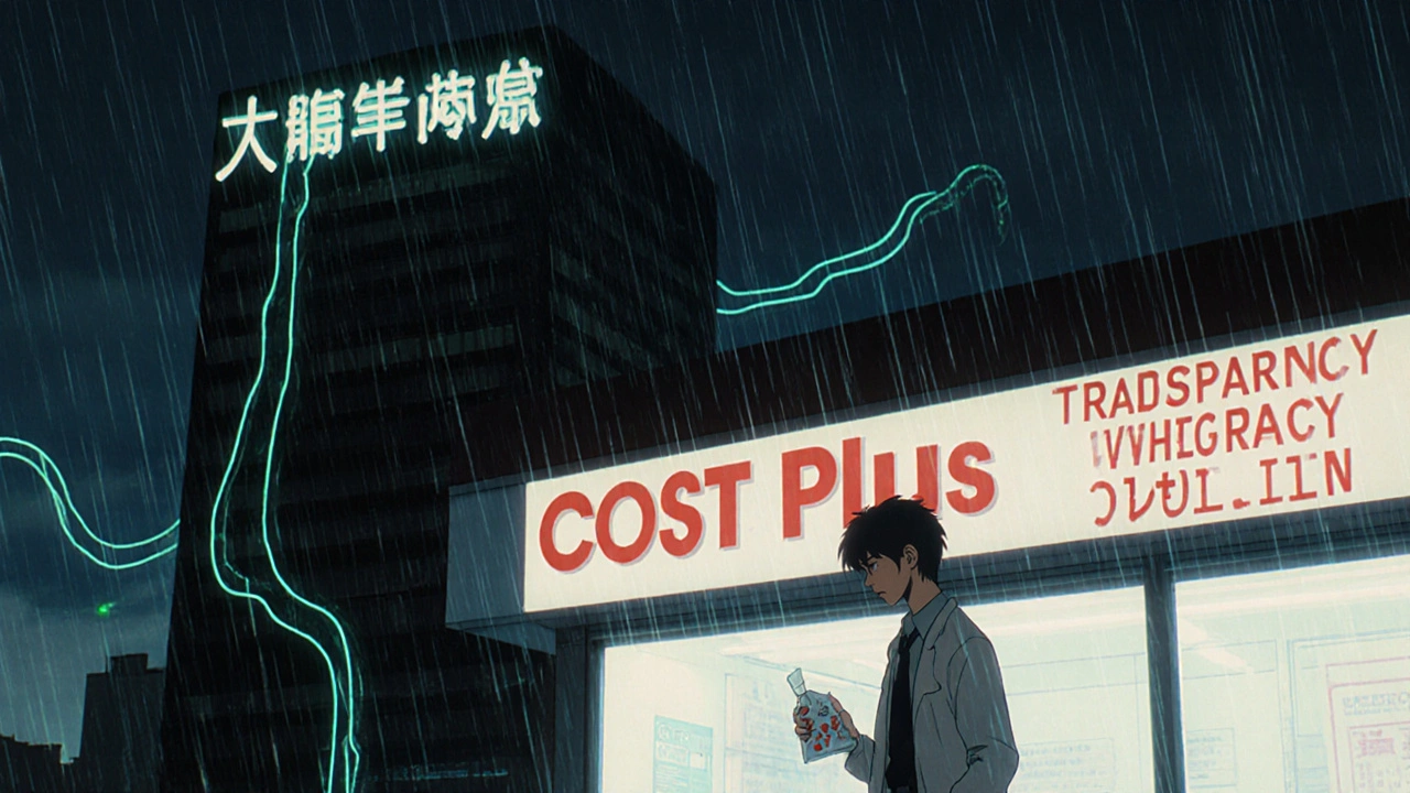 A patient buys pills for .99 outside a clean pharmacy, while a corporate tower looms behind.