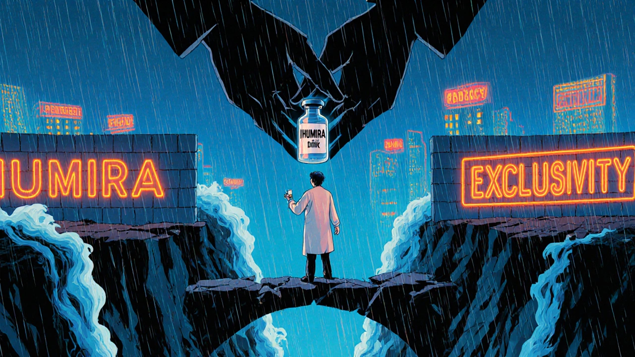 A patient on a crumbling bridge blocked from generics by corporate hands, with neon pharmacy signs in the distance.