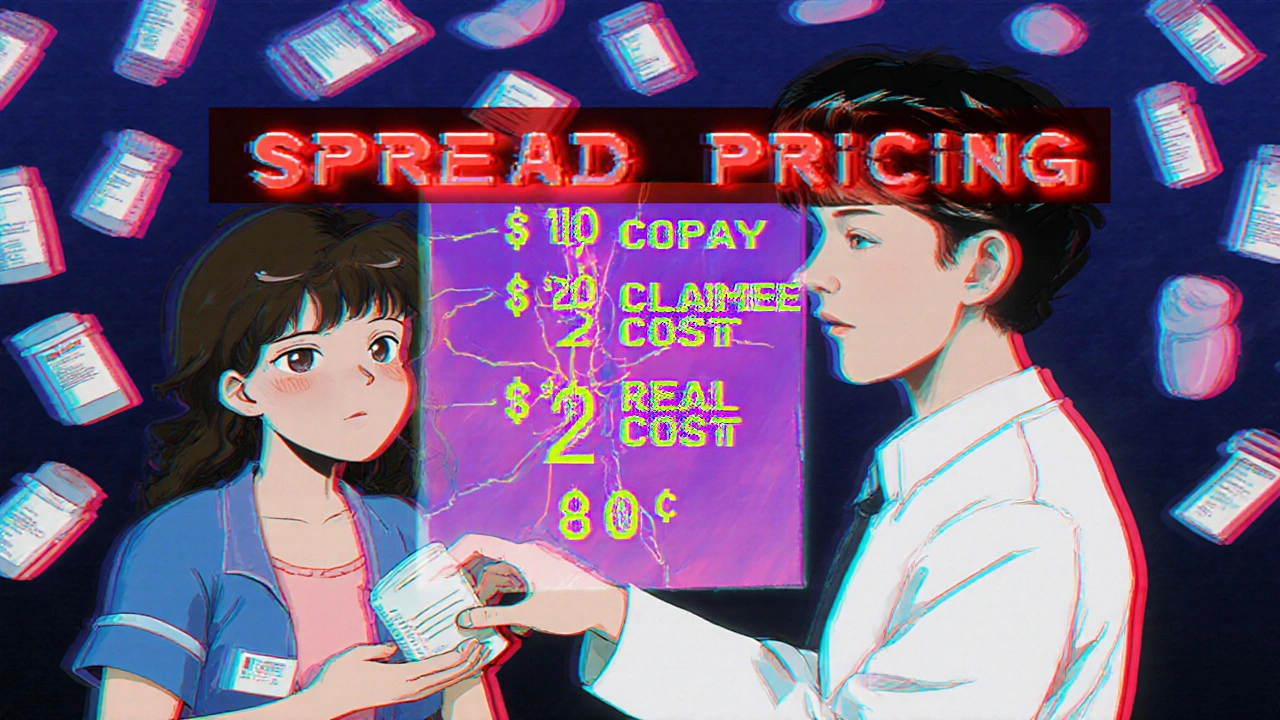 A pharmacist gives a prescription while floating price layers reveal hidden PBM profits.