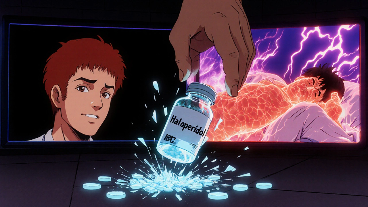 A pill bottle falling to the floor as split images show a patient before and after sudden NMS collapse.