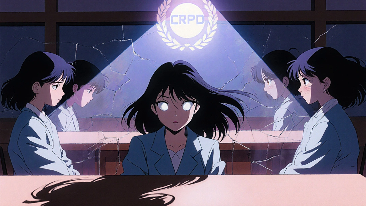 A young woman in a courtroom with fractured mirror reflections symbolizing forced vs. autonomous decision-making.